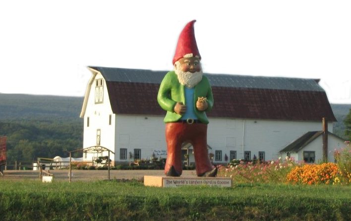 The world’s third-largest Garden Gnome, named Chomsky, is at the Kelder Farm, Rte 209, in Kerhonkson.