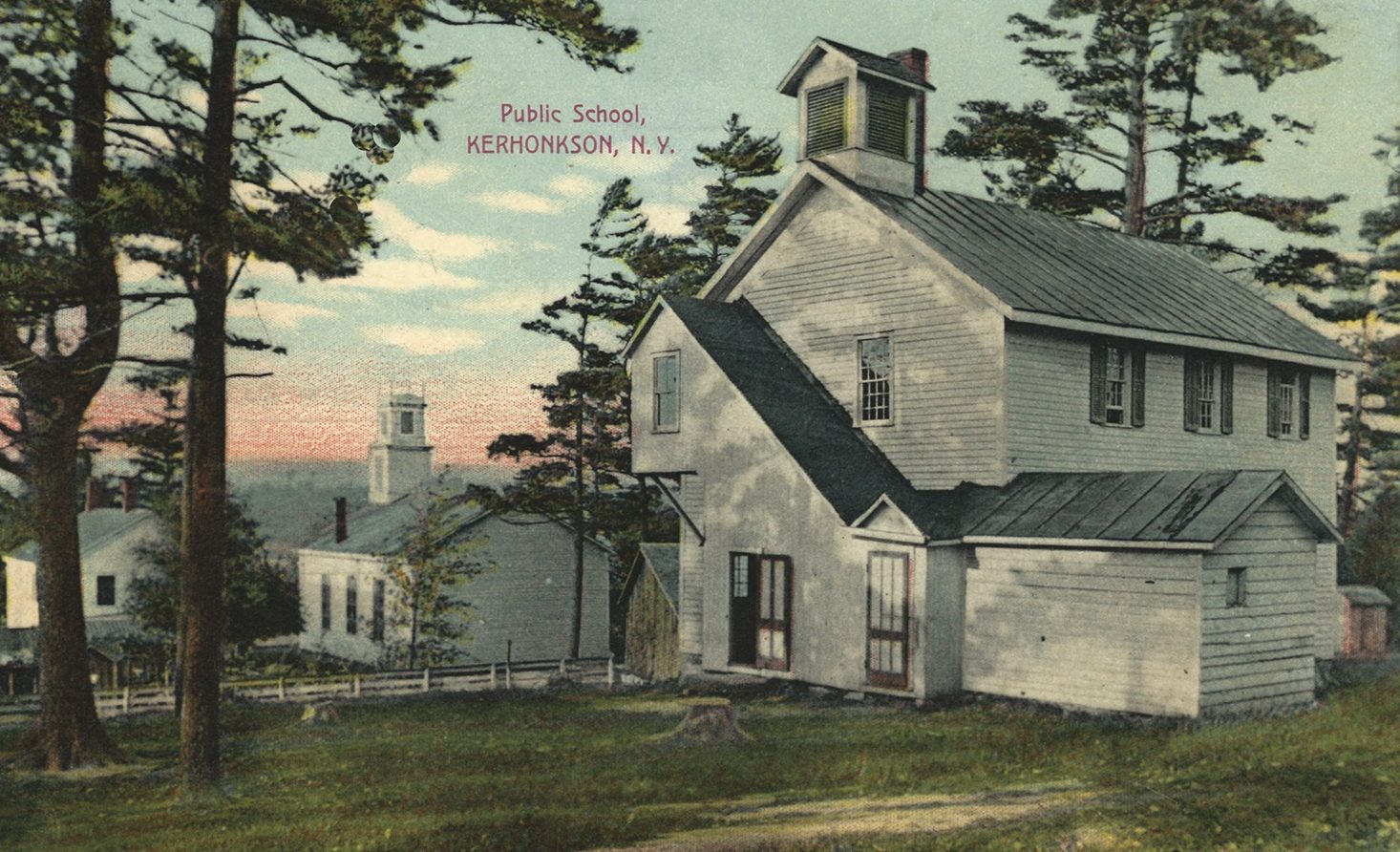 “The Public School, Kerhonkson, NY,” postcard was sent in 1908. The church in the background is the “RD (Reformed Dutch) Church”.