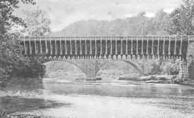 High Falls aqueducts at Rondout Creek. Roebling's suspension in front of arches.